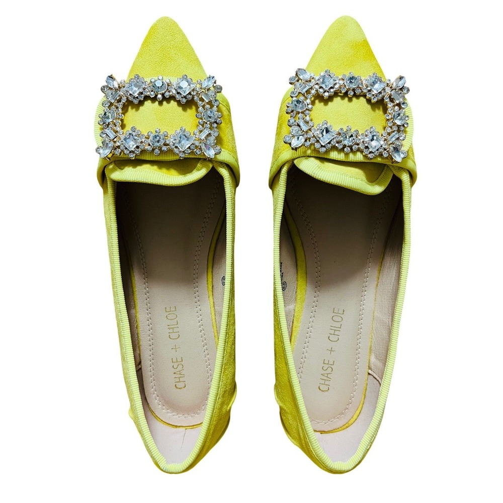 Chase + Chloe Yellow Rhinestone Buckle Pointed Toe Flats James-5 Womens 6.5